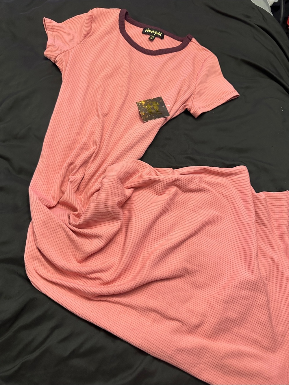 Planet Gold Pink Ribbed Maxi Nightgown with Dark Contrast Neckline
